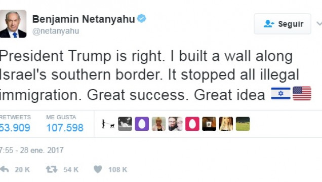 imagen Netanyahu aclaró que no apoya la construcción del muro entre México y Estados Unidos